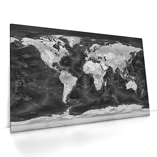 CanvasArts Weltkarte schwarz weiß II - Leinwand Bild - deutsch dunkel grau Wandbild aktuell modern (100 x 60 cm, Leinwand auf Keilrahmen, schwarz-weiß 2) von CanvasArts