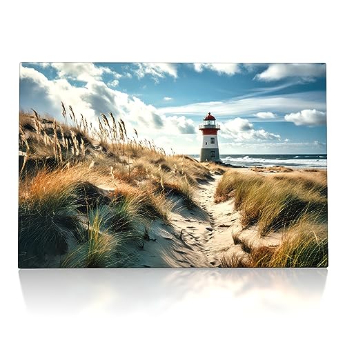 Leuchtturm - Leinwand Bild - Nordsee, Ostsee, Sylt Wandbild Kunst Druck Bilder Wand Deko Dünen Gras Meer Wohnzimmer (80 x 60 cm, Leinwand auf Keilrahmen) von CanvasArts