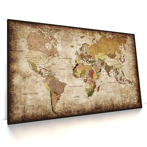 Weltkarte - Leinwand Bild - Vintage, deutsch, Grunge Style, aktuelle moderne Karte der Welt (120 x 70 cm, Leinwand auf Keilrahmen) von CanvasArts