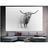 Longhorn Stier Nebel Tierdruck Große Leinwand Kunst, Wandkunst Nebelwald Kuh Kunstdruck von CanvasPrintStudioUA