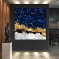 Blau Gold Marmor Leinwand Wandkunst, Abstrakte Haus Und Wohnzimmer Dekor, Extra Große Moderne Druck von CanvasWallArtDecors