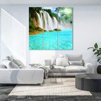 Landschaft Wand Kunstdruck, Wasserfall Leinwand Dekor, See Haus Nationalpark Leinwanddrucke, Großer Gerahmter Wandkunst, Triptychon von CanvasWallArtDecors