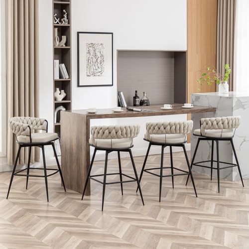 Canxkun Thekenhöhe Barhocker 4er Set, 66.0 cm Moderne Barstühle mit gewebter Rückenlehne, 360° Drehbar Barhocker für Kücheninsel, Café, Bartheke (Beige) von Canxkun