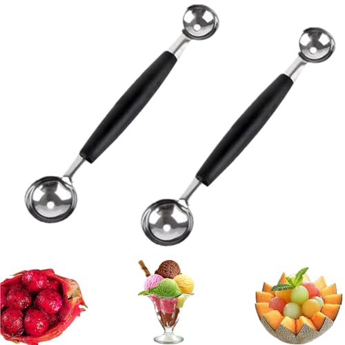 2 Stück doppelendiger Kopf Obst Eiscreme-Kugel-Löffel, Edelstahl Melonen Baller, glatte runde Melonenkugeln Melonenportionierer für Wassermelone, Eiscreme, Früchte, Sorbet, Fleischbällchen von CaoXiong