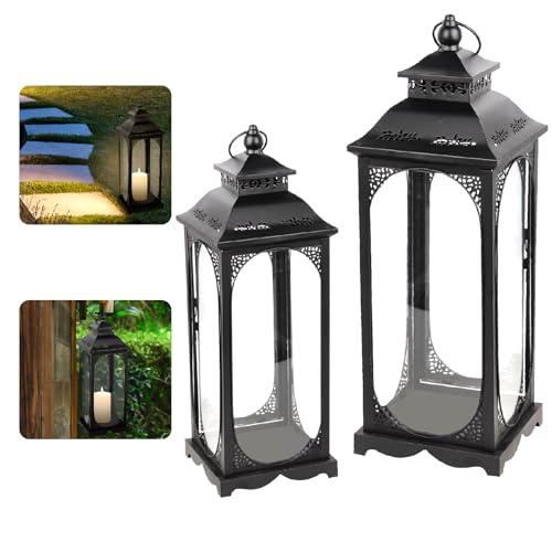 2er Laternen Set | Gartenlaterne | Deko Laternen für draußen & drinnen | Balkon & Garten | Retro Windlicht für Kerzen, Windlicht Wohndekoration Weihnachtstag Halloween Kerzenhalter (Schwarz) von Caossuixin