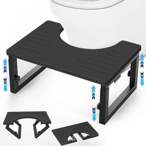 Caossuixin Klappbar Toilettenhocker Erwachsene, Metall mit Holz-Toilettenhocker, Höhenverstellbarer Klohocker aus Bambus, WC Hocker Erwachsene, Tritthocker, WC Anti-Rutsch Klohocker für Kinder-Schwarz von Caossuixin