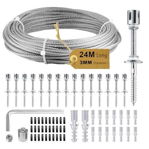 Caossuixin Rankhilfe Metall für Kletterpflanzen(2400cm*0.3cm, 16 Halter), Edelstahl Robust Drahtgitter Set, Wandpflanze Kletterstahldrahtseil Set, Rankhilfen für Kletterpflanzen von Caossuixin