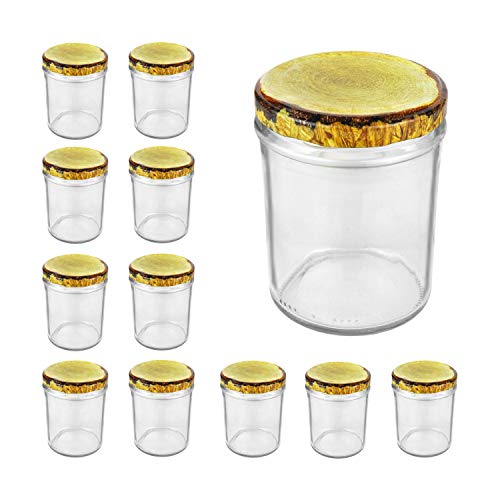 CapCro 12er Set Einmach-Gläser mit Deckel 435 ml I robuste Einweckgläser - Deckel in Holz-Dekor gold-braun I Marmeladen-Glas-Set TO 82 - spülmaschinengeeignet I Twist-Off Gläser 12 Stück von CapCro