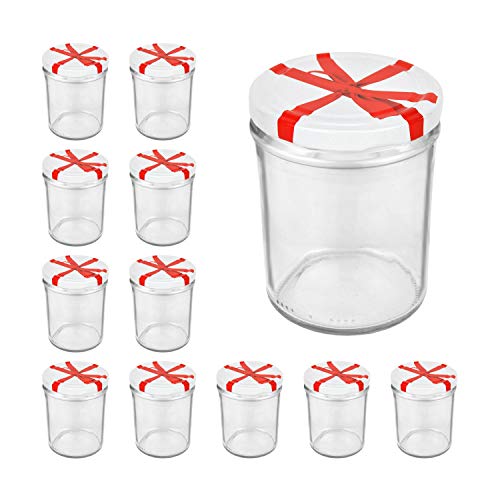 CapCro 12er Set Einmach-Gläser mit Deckel 435 ml I robuste Einweckgläser - Deckel mit Schleifen-Dekor rot-weiß I Marmeladen-Glas-Set TO 82 - spülmaschinengeeignet I Twist-Off Gläser 12 Stück von CapCro