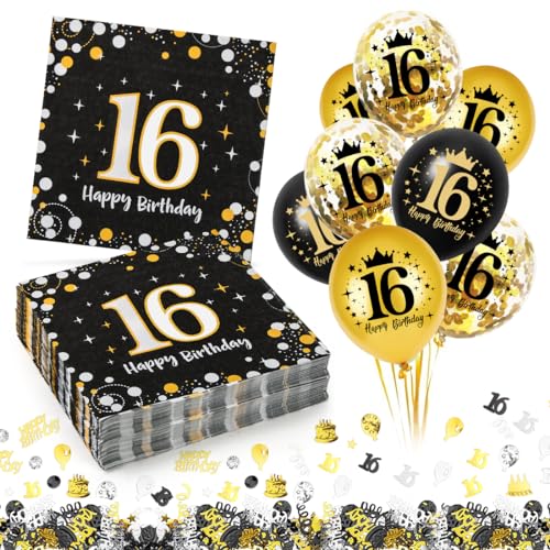 16. Geburtstag Deko Servietten 30 Stück+18 Stück Schwarz Gold Luftballons+ Konfetti Set, 16 Geburtstag Mädchen Junge Jubiläum Servietten, 3-Lagig Servietten 33x33cm,Geburtstagsservietten von Capaneus