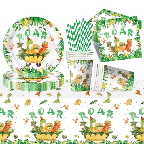 69 Stück Dino Partygeschirr Kindergeburtstag für 16 Gäste, Dinosaur Geburtstag Geschirrset, Dino Deko Kindergeburtstag, Dinosaurier Pappteller Becher Servietten Tischtücher für Kindergeburtstag Deko von Capaneus