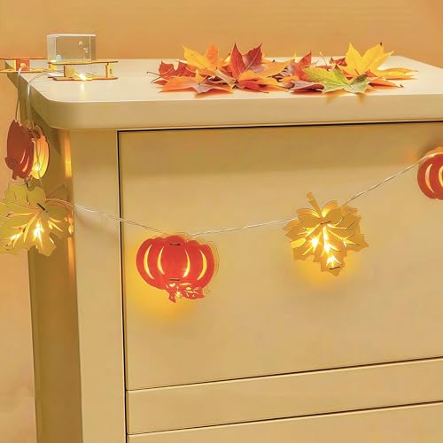 Herbstdeko Ahornblatt Lichterkette Innen aus Holz, 1.5M 10 LED Herbst Lichterkette mit Timer, kürbis Lichterkette Herbst Deko Innen, Ahornblätter Kürbis Lichtern für Herbst Halloween Erntedankfest von Capaneus