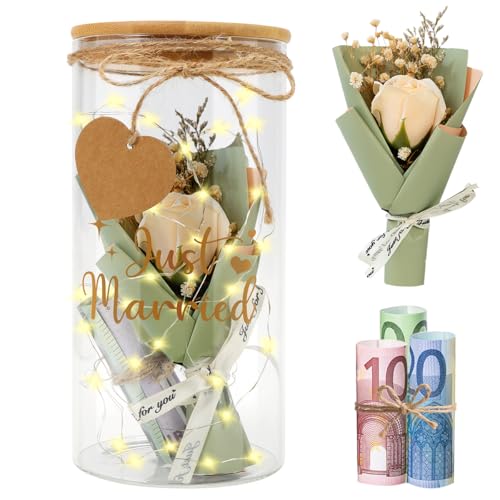 Hochzeitsgeschenke für Brautpaar, Just Married Flaschenlicht Hochzeit LED, Geldgeschenk Hochzeit Verpackung mit Trockenblumen, Lichterkette, Hochzeitsgeschenk Geld Spardose Sparschwein Hochzeit von Capaneus