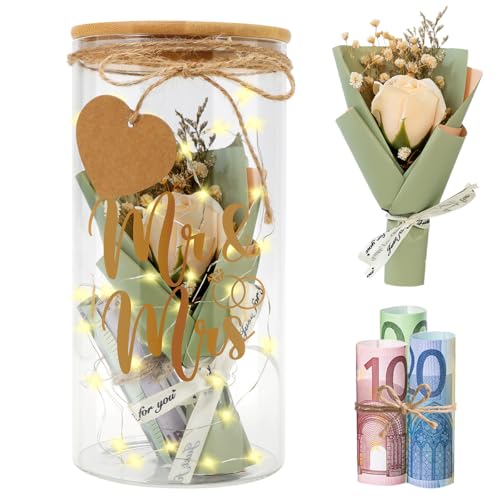 Hochzeitsgeschenke für Brautpaar, Mr&Mrs Flaschenlicht Hochzeit LED, Geldgeschenk Hochzeit Verpackung mit Trockenblumen, Lichterkette, Hochzeitsgeschenk Geld Spardose Sparschwein Hochzeit von Capaneus