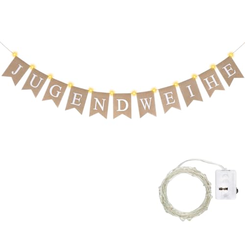 Jugendweihe Girlande Jute, Jugendweihe Deko Hängende, Jugendweihe Banner Girlande mit LED Lichterkette für Mädchen Jungen Jugendweihefeier Jugendweihe Girlande Jute, Jugendweihe Deko Hängende, Jugendweihe Banner Girlande mit LED Lichterkette für Mädchen Jungen Jugendweihefeier von Capaneus