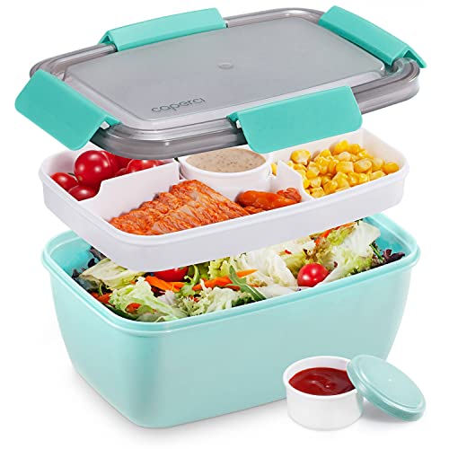 Caperci Große Salatbehälter für Mittagessen – bessere Bento-Lunchbox für Erwachsene, 1,9 l, 5-Fächer-Tablett, 2 Stück 85 ml Saucenbecher, stapelbar, BPA-frei (Aqua Sky) von Caperci