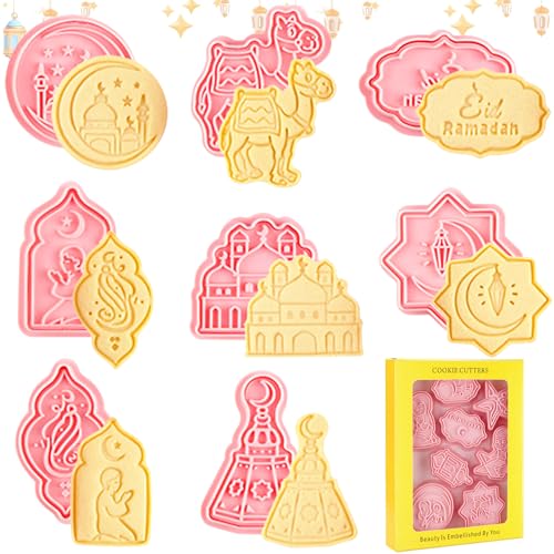 Eid Mubarak Cookie Cutter, 8 Stück Ramadan Ausstechformen Kinder, 3D Ramadan Keksausstecher, Silikon Kuchen Backen Werkzeuge, Muslimischen DIY Kekspresse,Ramadan Stempelformen Backformen zum Backen(A) von Capgoost