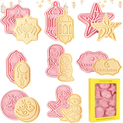 Eid Mubarak Cookie Cutter, 8 Stück Ramadan Ausstechformen Kinder, 3D Ramadan Keksausstecher, Silikon Kuchen Backen Werkzeuge, Muslimischen DIY Kekspresse,Ramadan Stempelformen Backformen zum Backen(B) von Capgoost