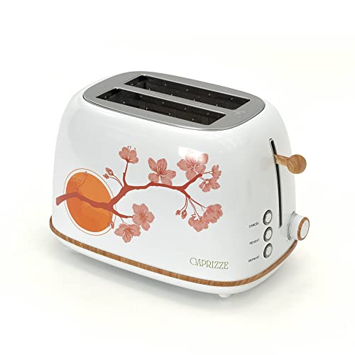 CAPRIZZE Kaito Toaster mit extra breitem Doppelschlitz, 3,8 cm und 13,5 cm lang, 6 Toaststufen, Blumendekor und Holzeffekt, mattweiß von Caprizze