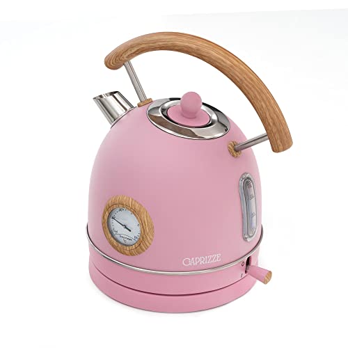 Caprizze Nara Wasserkocher, 2200 W, aus Edelstahl, mit integriertem Thermometer, Fassungsvermögen 1,8 l, mattes Rosa und Holzoptik von Caprizze