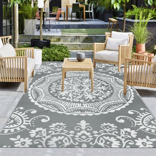 Capslpad 150x245cm Große Boho Blumen Terrasse Teppich wasserdichte Reversible Bodenmatte für den Außenbereich Tragbar Plastikstrohteppich für Deck Terrasse Picknick Dekor(Einschließlich Tragetasche) von Capslpad