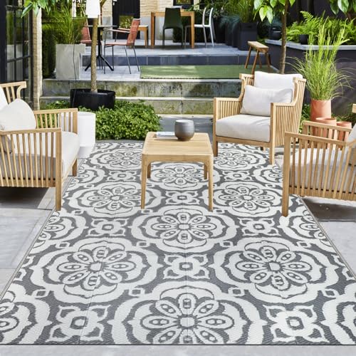 Capslpad 150x245cm Großer Floraler Outdoor-Teppich für Terrassen Wasserdicht Kunststoff-Stroh-Picknickteppich Wendematte Tragbarer Campingbereich Teppich für Veranda Hinterhof Deck Strand Garten Dekor von Capslpad