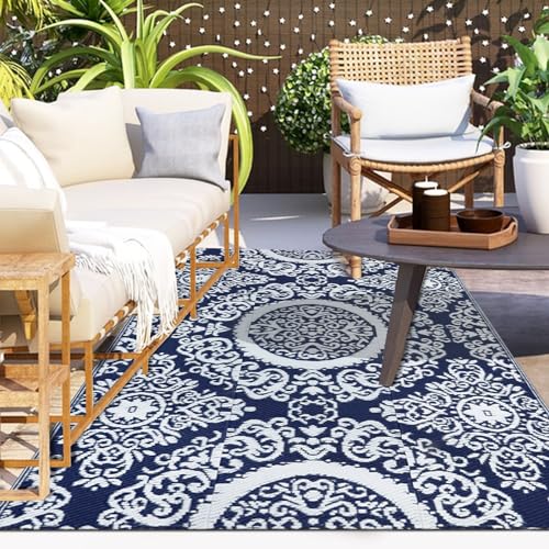 Capslpad Blumen-Terrassenteppich für den Außenbereich 120x180cm Wasserdichter Kunststoff-Strohteppich Reversible Fußmatten Tragbar Campingteppich für Hinterhof Balkon Picknick Deck Strand Dekor, Blau von Capslpad