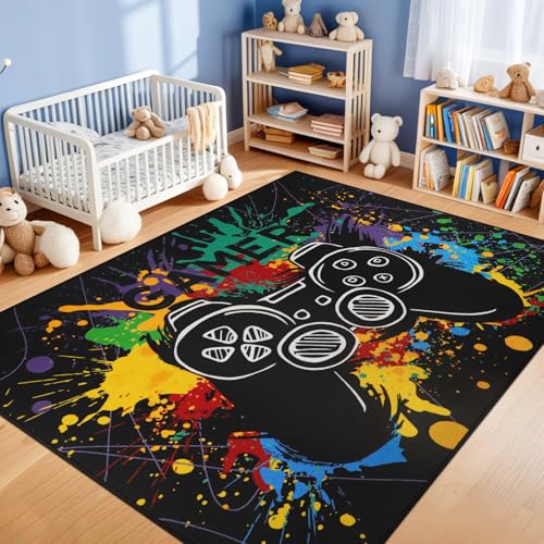 Capslpad Gamepad Bereich Teppich 150x200cm Rutschfester Gamer-Controller Kinder Spielteppich Niedrigem Flor Waschbare Gamepad-Muster Bodenteppich für Spielzimmer Kinderzimmer Spielzimmer Dekor von Capslpad