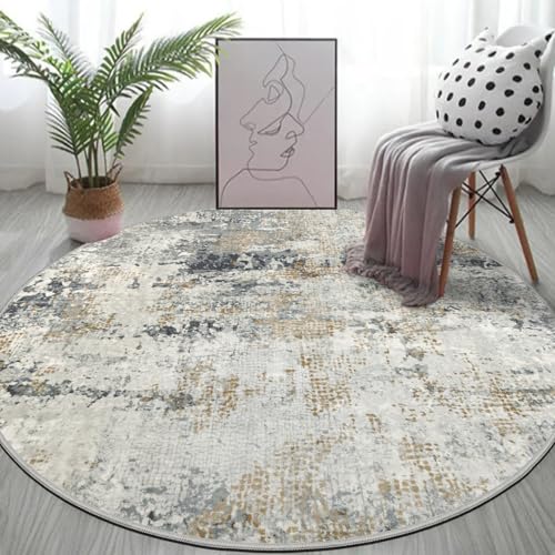 Capslpad Graugold Abstrakt Teppich Rund 135cm Moderner rutschfest Teppich Wohnzimmer Runder Hochflor Waschbar Rund Kurzflor Weich Runder Beige for Wohnzimmer Schlafzimmer Studie von Capslpad