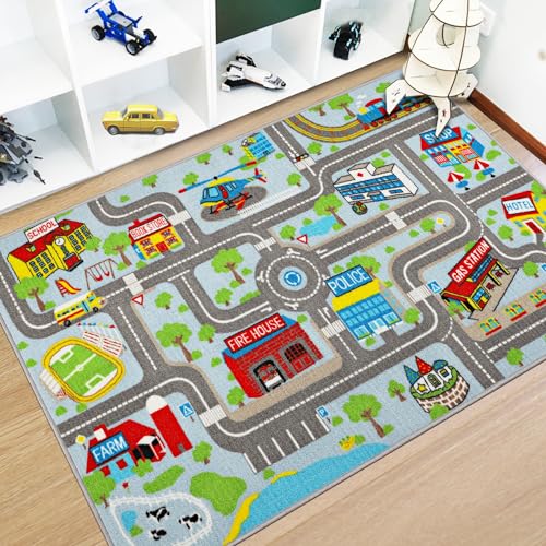 Capslpad Kinder Teppiche Spielteppich für Kinder Stadt 100x160cm rutschfest Kinderteppich Spielmatte Maschinenwaschbar Kurzflor Pädagogischer Spielteppich für Kinderzimmer Spielzimmer Dekor, Hellblau von Capslpad