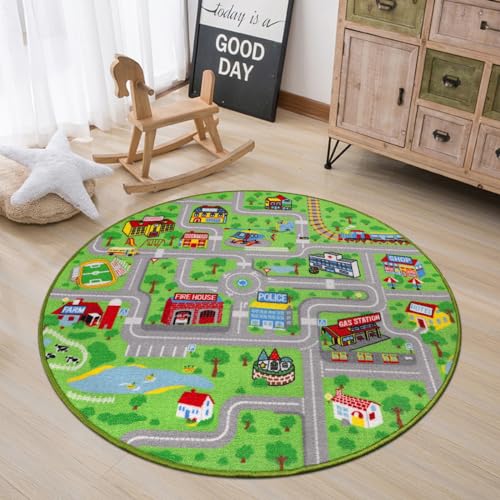 Capslpad Kinder Spielmatte ø120cm Rutschfeste Kinderteppich Spielmatte für Spielzeugautos Waschbar Stadt Straßen Kinder Spielteppich Interaktives Auto Teppich für Kinder Spielzimmer Schlafzimmer Dekor von Capslpad