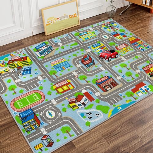 Capslpad Kinder Spielteppich 100x160cm Auto Teppich Spielmatte für Kinder Spielzeug Autos rutschfeste Stadt Junge Mädchen Bildungsstraße Kinderzimmerteppich für Zimmer Spielzimmer Schlafzimmer Dekor von Capslpad