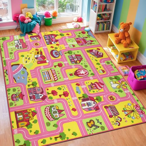 Capslpad Kinder Teppich150x200cm Rosa rutschfest Pastellblau Kinder Spielteppich Waschbar Stadt Straße Kinderteppich Kurzflor Spielmatte Pädagogischer Spielteppich für Mädchen Kinderzimmer Spielzimmer von Capslpad