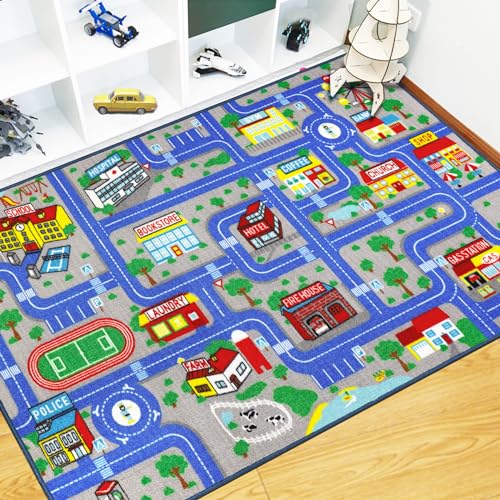 Capslpad Kinder Spielteppich 160x100cm Rutschfester Stadtleben Autoteppich Waschbarer Rennstraßenteppich für Spielzeugautos Lernen Bildungsbereich Teppich für Junge Schlafzimmer Spielzimmer Dekor von Capslpad