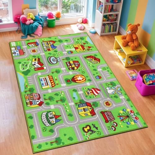 Capslpad Kinder Teppich 100x160cm rutschfest Grün Kinder Spielteppich Waschbar Stadt Straße Kinderteppich Kurzflor Spielmatte Pädagogischer Spielteppich für Mädchen Kinderzimmer Spielzimmer von Capslpad