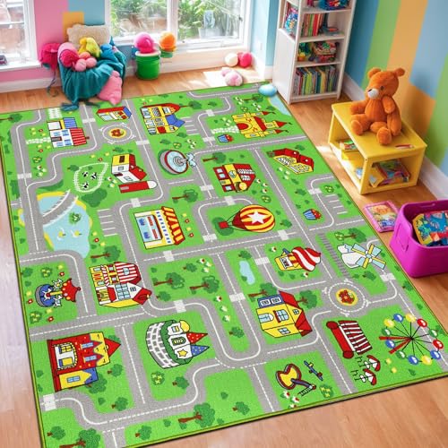 Capslpad Kinder Teppich 150x200cm rutschfest Grün Kinder Spielteppich Waschbar Stadt Straße Kinderteppich Kurzflor Spielmatte Pädagogischer Spielteppich für Mädchen Kinderzimmer Spielzimmer von Capslpad