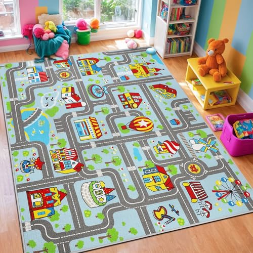 Capslpad Kinder Teppich 150x200cm rutschfest Pastellblau Kinder Spielteppich Waschbar Stadt Straße Kinderteppich Kurzflor Spielmatte Pädagogischer Spielteppich für Mädchen Kinderzimmer Spielzimmer von Capslpad