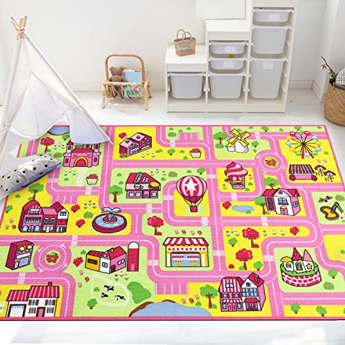 Capslpad Kinder Teppiche,Rosa Spielteppich für Kinder Stadtstadt Straße 160x100cm Kinderteppich Spielmatte Lernbereich Teppich Pädagogischer Spielteppich für Mädchen Kinderzimmer Spielzimmer von Capslpad