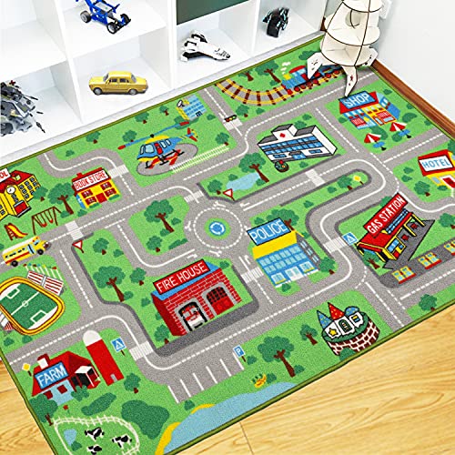 Capslpad Kinder Teppiche Spielteppich für Kinder Stadt 160x100cm rutschfest Kinderteppich Spielmatte Maschinenwaschbar Kurzer Flor Pädagogischer Spielteppich für Kinderzimmer Spielzimmer Dekor von Capslpad