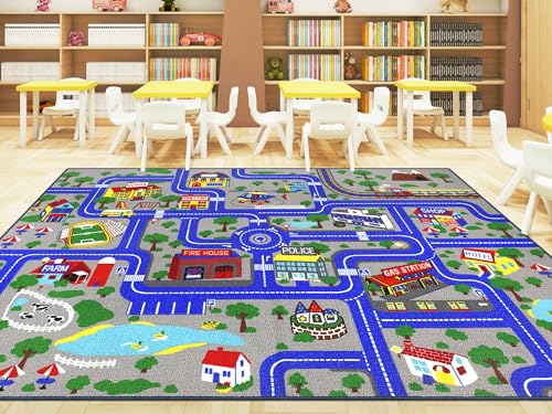 Capslpad Kinder Teppich Spielteppich für Kinder Stadt 200x300cm rutschfest Kinderteppich Spielmatte Maschinenwaschbar Kurzflor Pädagogischer Spielteppich für Kinderzimmer Spielzimmer Dekor, Blau von Capslpad
