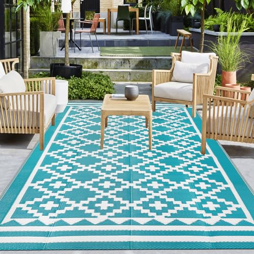 Capslpad Outdoor Picknick Teppich 150x245cm Wasserdichter Terrassenteppich Reversibler Kunststoff-Strohteppich UV-beständiger recycelter Teppich für Hinterhofterrasse Balkon Campingzelt Deck Strand von Capslpad