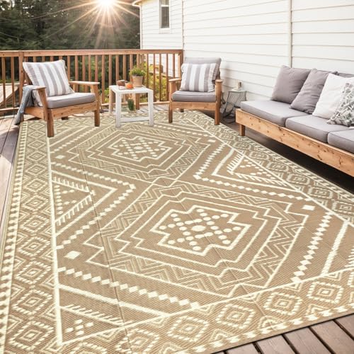 Capslpad Outdoor Teppich Wetterfest 245x305cm Reversible Geometrie Kunststoff Strohmatte UV-beständiger Faltbar Tragbarer Campingbereich Teppiche für Picknick RV Garten Strand, Beige von Capslpad