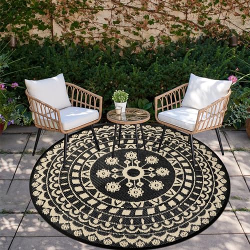Capslpad Rund Außenterrasse Teppich ∅150cm Wende Picknickmatte Wasserdichter Kunststoff-Strohteppich Boho Innen Außenbereich Teppich für Wohnmobil Hinterhof Balkon Picknick Strand, Beige von Capslpad