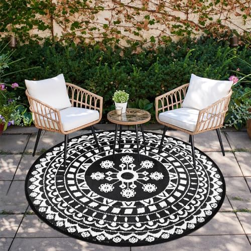 Capslpad Rund Außenterrasse Teppich ∅150cm Wende Picknickmatte Wasserdichter Kunststoff-Strohteppich Boho Innen Außenbereich Teppich für Wohnmobil Hinterhof Balkon Picknick Strand, Schwarz von Capslpad