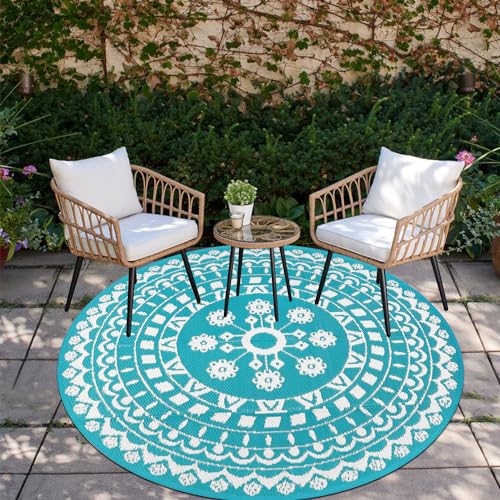 Capslpad Rund Außenterrasse Teppich ∅150cm Wende Picknickmatte Wasserdichter Kunststoff-Strohteppich Boho Innen Außenbereich Teppich für Wohnmobil Hinterhof Balkon Picknick Strand, Teal von Capslpad