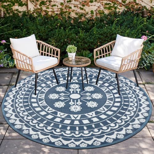 Capslpad Rund Außenterrasse Teppich ∅180cm Wende Picknickmatte Wasserdichter Kunststoff-Strohteppich Boho Innen Außenbereich Teppich für Wohnmobil Hinterhof Balkon Picknick Strand, Blau von Capslpad