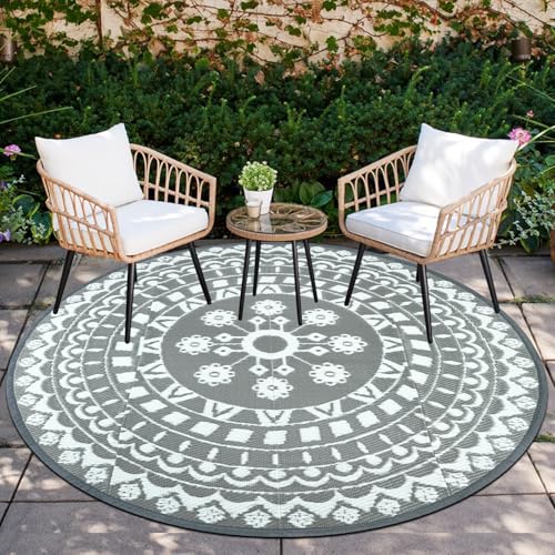 Capslpad Rund Außenterrasse Teppich ∅180cm Wende Picknickmatte Wasserdichter Kunststoff-Strohteppich Boho Innen Außenbereich Teppich für Wohnmobil Hinterhof Balkon Picknick Strand, Grau von Capslpad