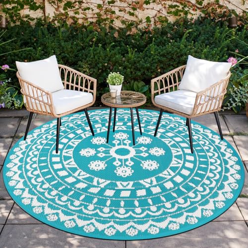 Capslpad Rund Außenterrasse Teppich ∅180cm Wende Picknickmatte Wasserdichter Kunststoff-Strohteppich Boho Innen Außenbereich Teppich für Wohnmobil Hinterhof Balkon Picknick Strand,Teal von Capslpad