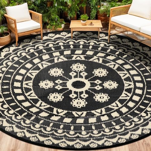 Capslpad Rund Außenterrasse Teppich ∅240cm Wende Picknickmatte Wasserdichter Kunststoff-Strohteppich Boho Innen Außenbereich Teppich für Wohnmobil Hinterhof Balkon Picknick Strand, Beige von Capslpad