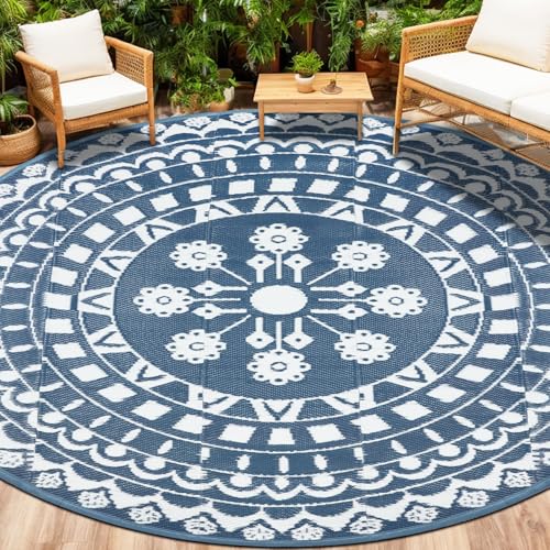 Capslpad Rund Außenterrasse Teppich ∅240cm Wende Picknickmatte Wasserdichter Kunststoff-Strohteppich Boho Innen Außenbereich Teppich für Wohnmobil Hinterhof Balkon Picknick Strand, Blau von Capslpad